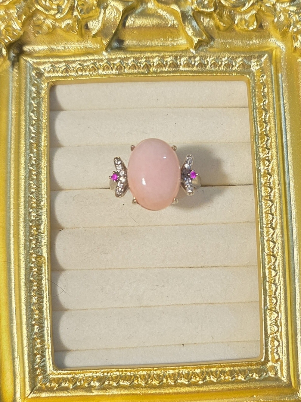 Pink Jade Cocktail Ring with Ruby And Diamond Moissanite Accent Gems